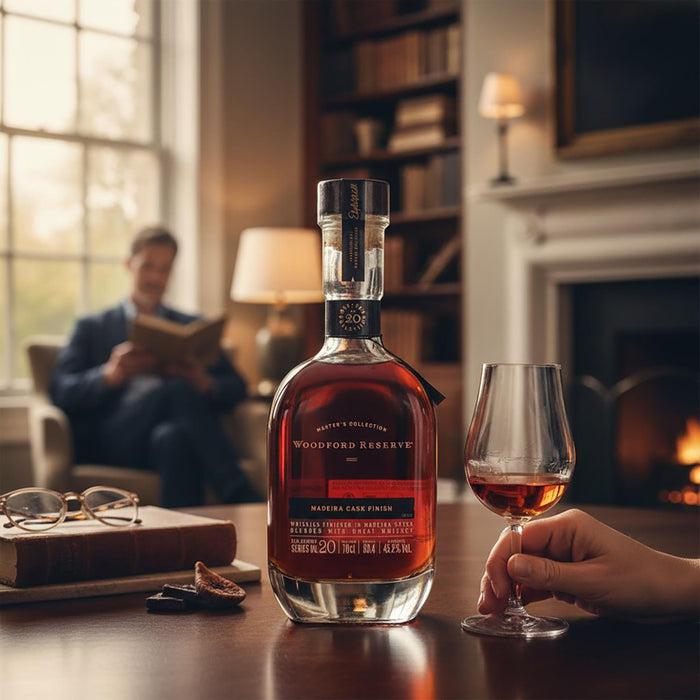 Woodford Reserve Masters Collection Series No.20 Madeira Cask Finish Bourbon bottle with a glass of whiskey in a cosy room