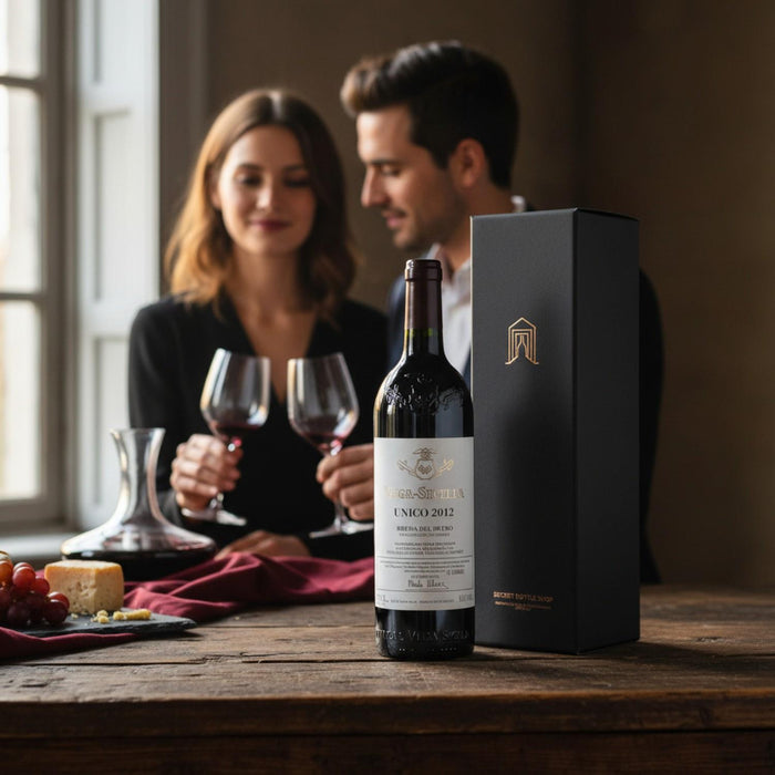 Couple celebrating with a Secret Bottle Shop Gift Boxed Vega Sicilia Unico