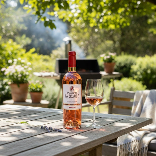 Bottle of Bandol rose wine on a table outdoors with a glass of wine.