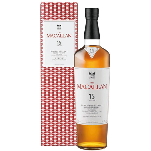 A Bottle Of Macallan 15 Year Old Whisky With Red Patterned Branded  Gift Box 