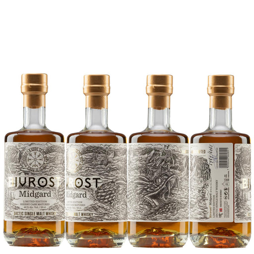 Four Bottle Of Bivrost Midgard Whisky Ninth Release Showing Each Side Of The Bottle
