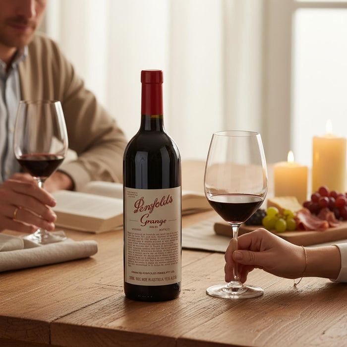 Couple Enjoying Penfolds Grange Bin 95 With Food