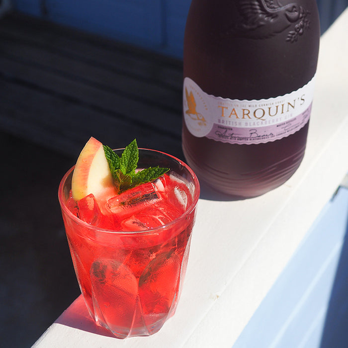 Red cocktail with ice and garnish next to a bottle of Tarquins Blackberry Gin