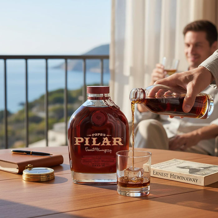 Papa's Pilar Sherry Finish Rum bottle being poured into a glass