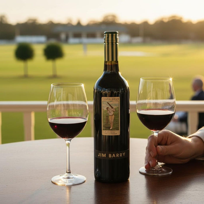 Bottle of Jim Barry wine with two glasses on a table outdoors.