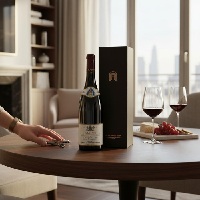 Paul Jaboulet Aine Hermitage La Chapelle 1982 & Secret Bottle Shop gift box on a table with a city view