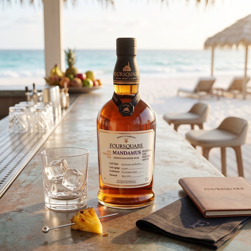 A bottle of Foursquare Mandamus single blended rum stands on a bar counter in a beachside setting, with a glass of water, pineapple wedge, napkin, and a phone in the foreground and ocean, lounge chairs, and a thatched roof in the background.