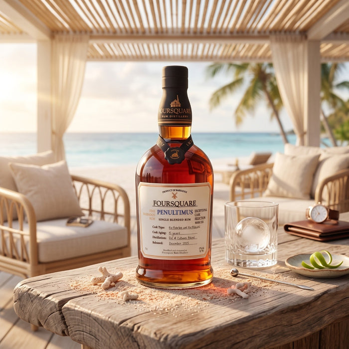 A bottle of Foursquare Penultimus Rum stands on a rustic wooden table in a beachside lounge setting. The amber liquid is visible through the clear bottle, with a black cap and a white label.