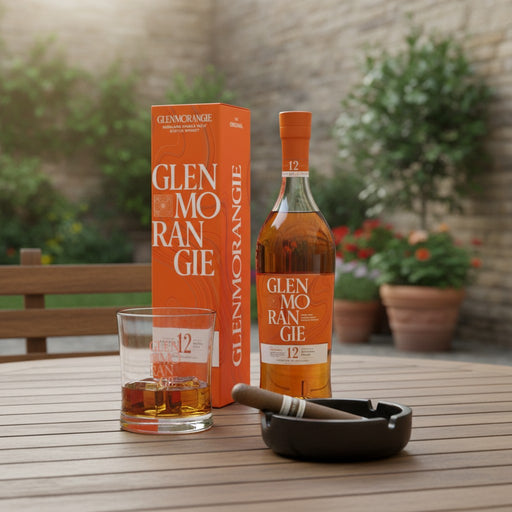 Glenmorangie whisky bottle, glass, and packaging on a wooden table outdoors.