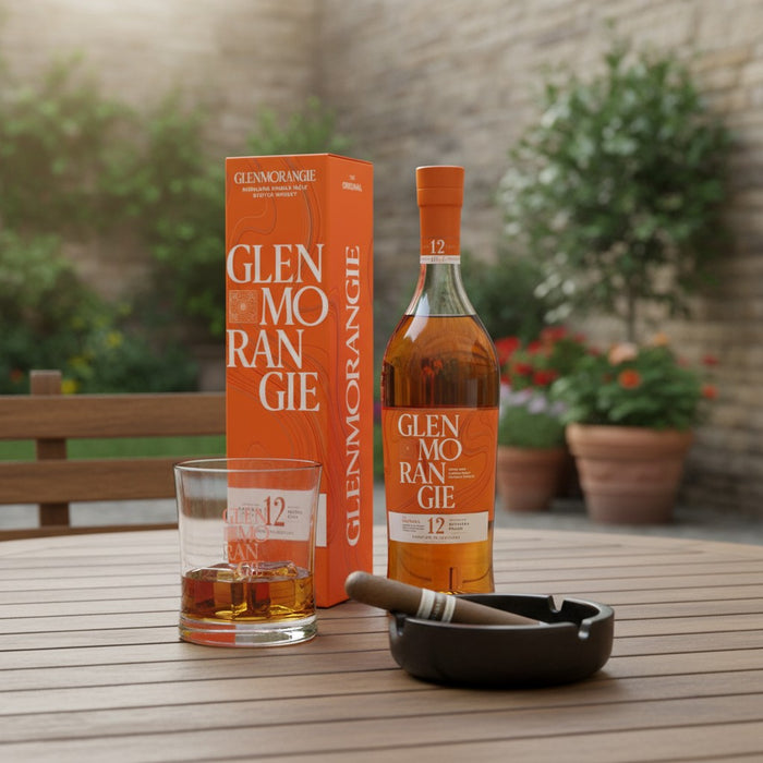 Glenmorangie whisky bottle, glass, and packaging on a wooden table outdoors.