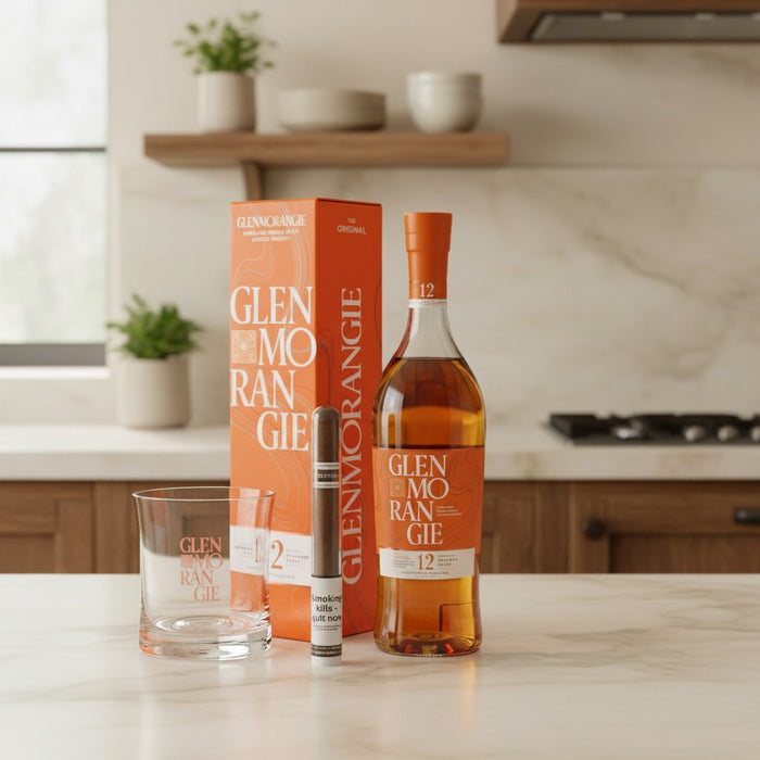 Glenmorangie whisky bottle, glass, and packaging on a kitchen counter