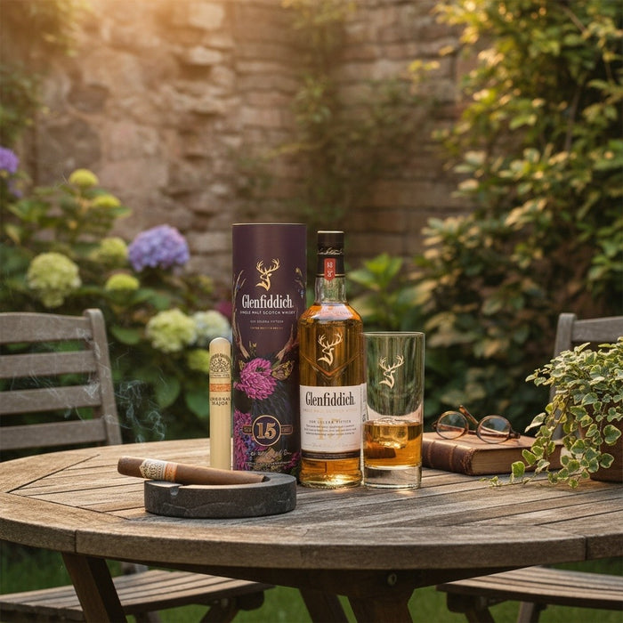 Glenfiddich whisky bottle, glass, and packaging on a wooden table outdoors.