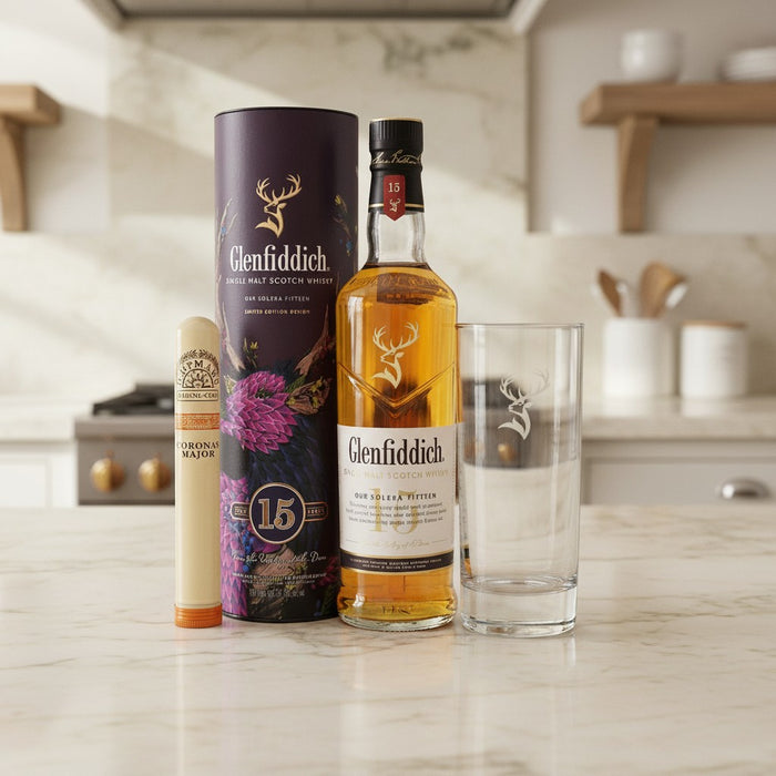 Glenfiddich whisky bottle, packaging, and glass on a kitchen counter