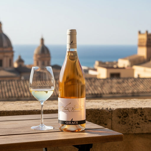 A bottle of Graci rosé wine and a glass of white wine on a wooden table, set against a scenic background of a coastal town with domes and the sea under a clear sky.