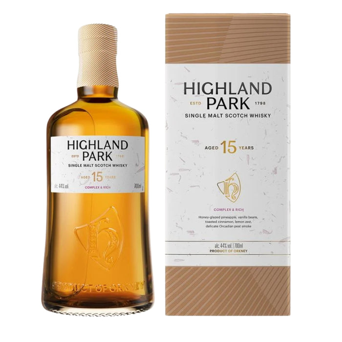 Highland Park 15-year-old single malt Scotch whisky bottle and box on a white background