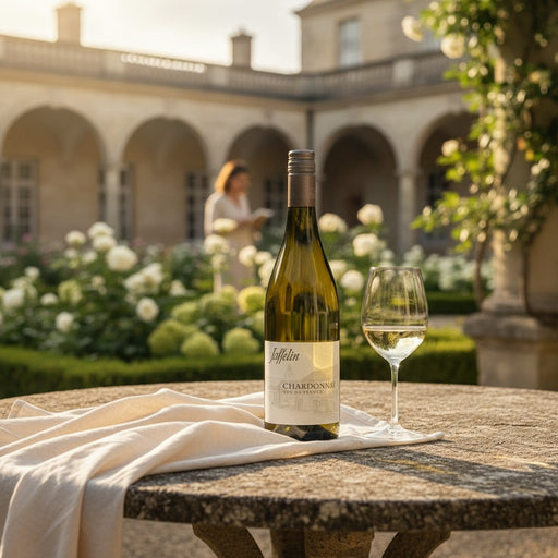 Bottle of Jaffelin Chardonnay and a glass on a table with a garden and building in the background