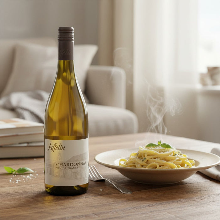 Bottle of Jaffelin Chardonnay wine on a table with a plate of pasta in a cozy indoor setting.
