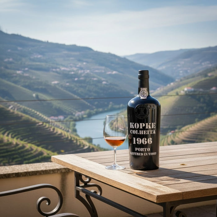 Kopke Colheita 1966 Porto bottle with a glass on a wooden table with a scenic background