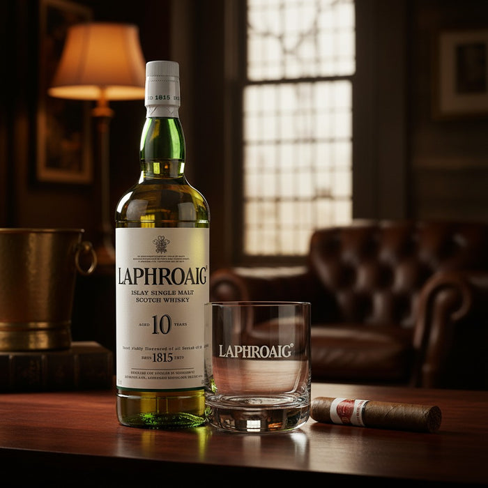 Laphroaig whisky bottle and glass on a wooden surface with a blurred background