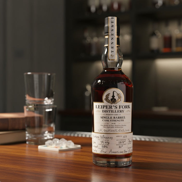 Leiper's Fork whiskey bottle on a bar with a glass and ice cubes.