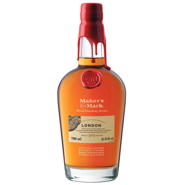 Maker's Mark whiskey bottle with red cap on a white background