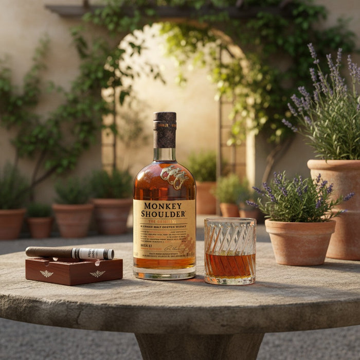 Monkey Shoulder whiskey bottle with a glass of whiskey on a table outdoors.