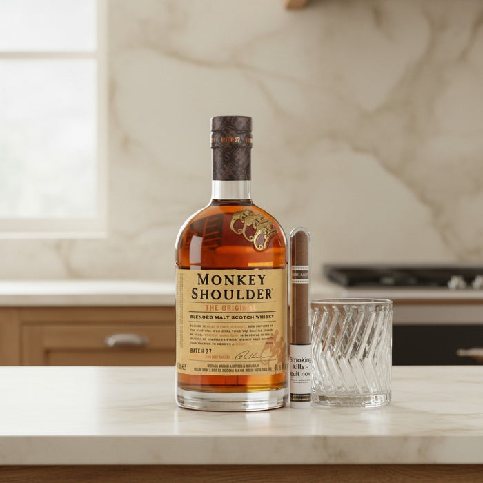 Bottle of Monkey Shoulder whiskey on a kitchen counter with a glass and a cigar.