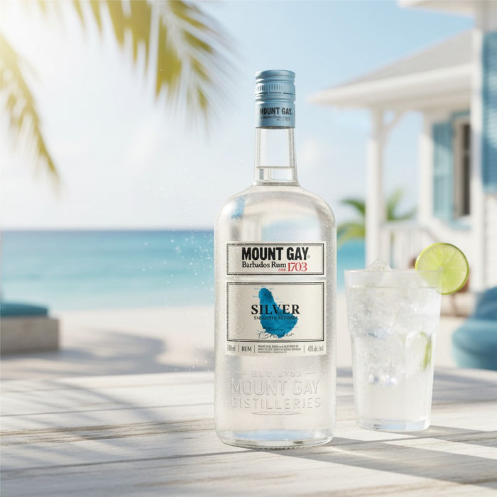 Mount Gay Silver rum bottle with a glass of limeade on a beach setting