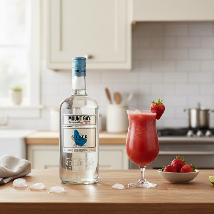 Mount Gay rum bottle with a strawberry daiquiri on a kitchen counter