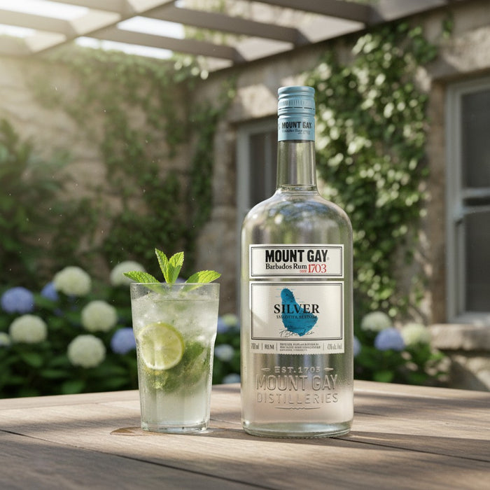 Mount Gay Silver rum bottle with a cocktail on a wooden table outdoors.