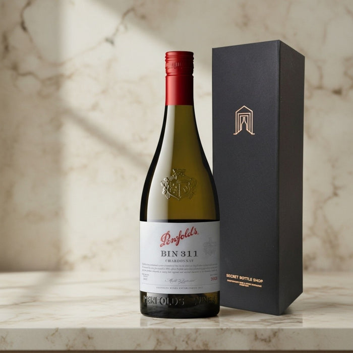 Penfolds Bin 311 wine bottle with a matching box on a marble surface