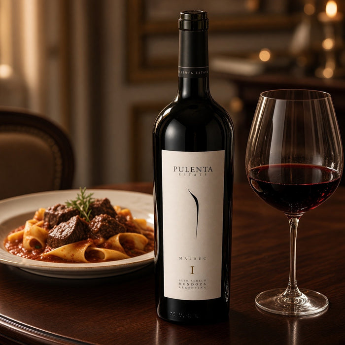 Pulenta Estate Malbec with beef pasta and a glass of red wine. 
