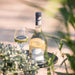 Bottle and glass of white wine with 'Rosewood' label on a blurred natural background
