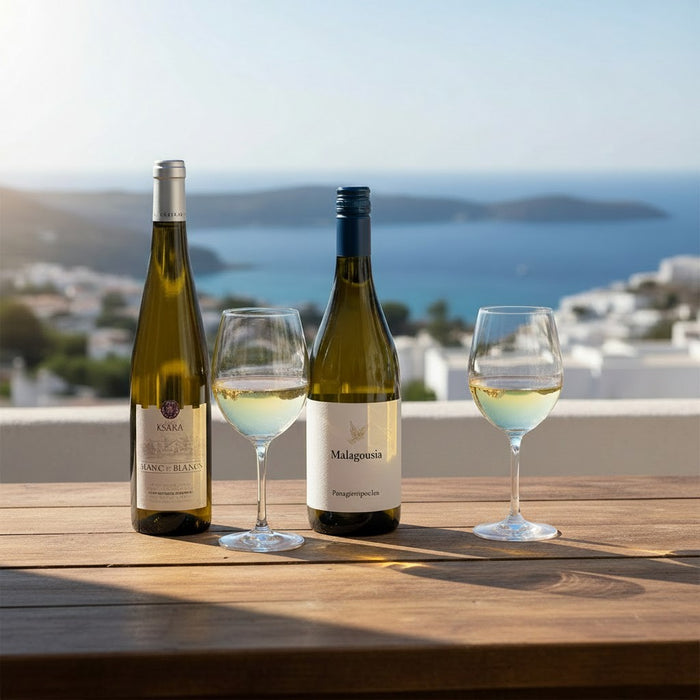Mediterranean White Wine Discovery Duo with two glasses of wine with ocean view