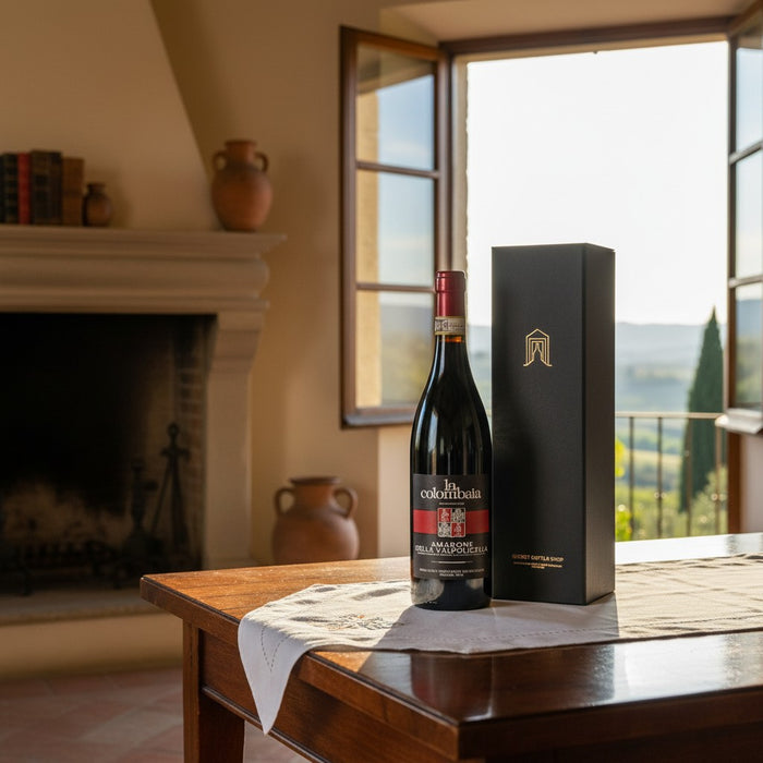Montresor La Colombaia Amarone della Valpolicella DOCG Gift Boxed on a table in a home.