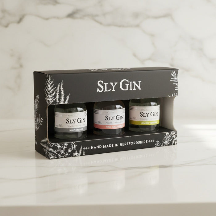 Pack of Sly Gin bottles in a box on a marble surface