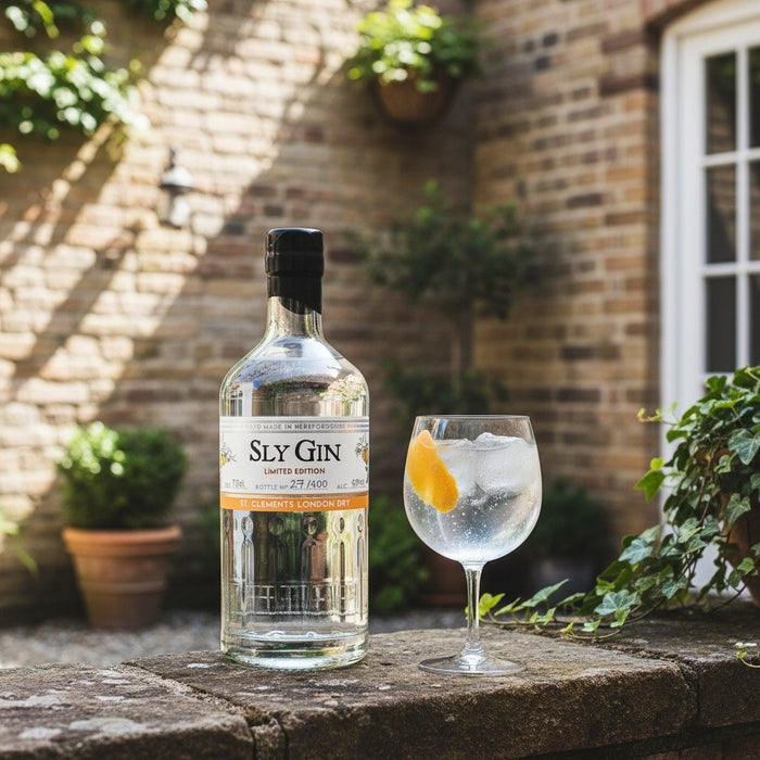 Sly Gin bottle with a glass of gin and tonic on a stone ledge outdoors.