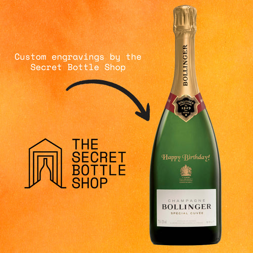 Bottle Of Bollinger Special Cuvee Champagne With Custom Engraving By The Secret Bottle Shop Stating 'Happy Birthday'