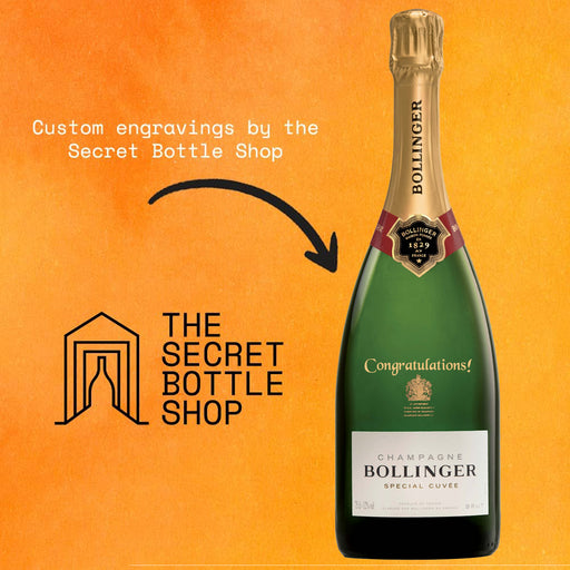 Bottle Of Bollinger Special Cuvee Champagne With Custom Engraving By The Secret Bottle Shop Saying 'Congratulations'