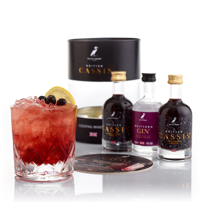 British Cassis Gin Miniature Cocktail Mixer Set 3 x 5cl Next To A cocktail