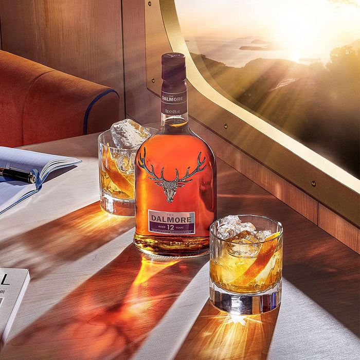 Dalmore 12 Year Old Single Malt Scotch Whisky 70cl with two glasses of whisky 
