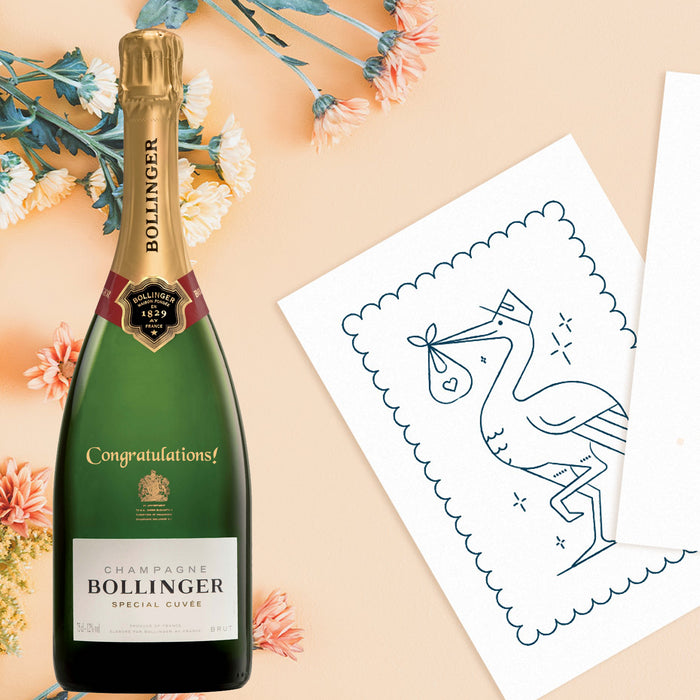 Bollinger Special Cuvee Champagne Next to Card with Stork 
