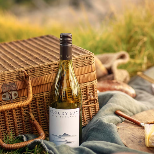 Bottle of Cloudy Bay Sauvignon Blanc next to a picnic basket