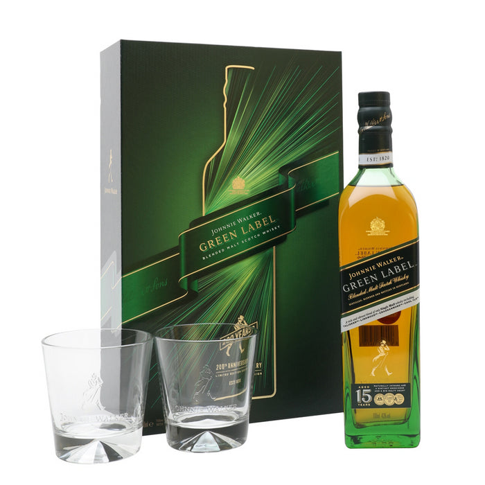 Johnnie Walker Green Label 15 Year Old Scotch Whisky 200th Anniversary 2 Glass Gift 70cl